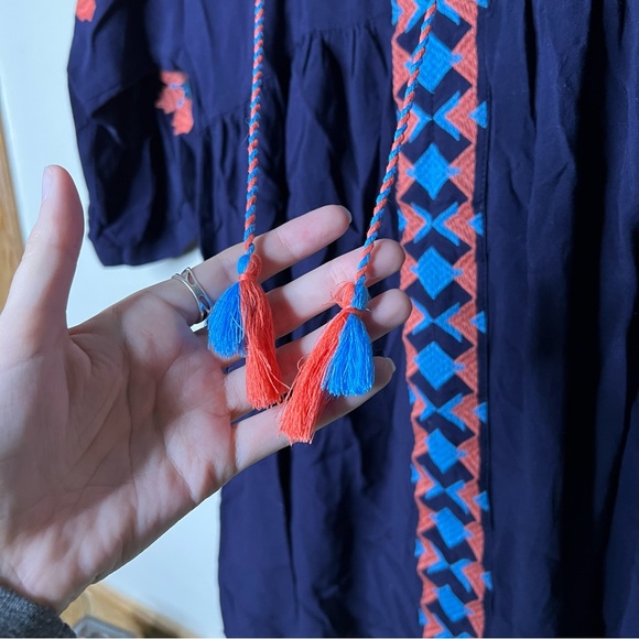 Umgee Embroidered Deep Blue Tunic Shift Dress S Floral 3/4 Sleeve Tassels - Picture 8 of 12